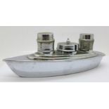 A novelty chrome ocean liner cruet set, 20.5cm