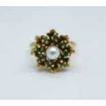 A 9ct gold, pearl and emerald ring, 4.8g, M