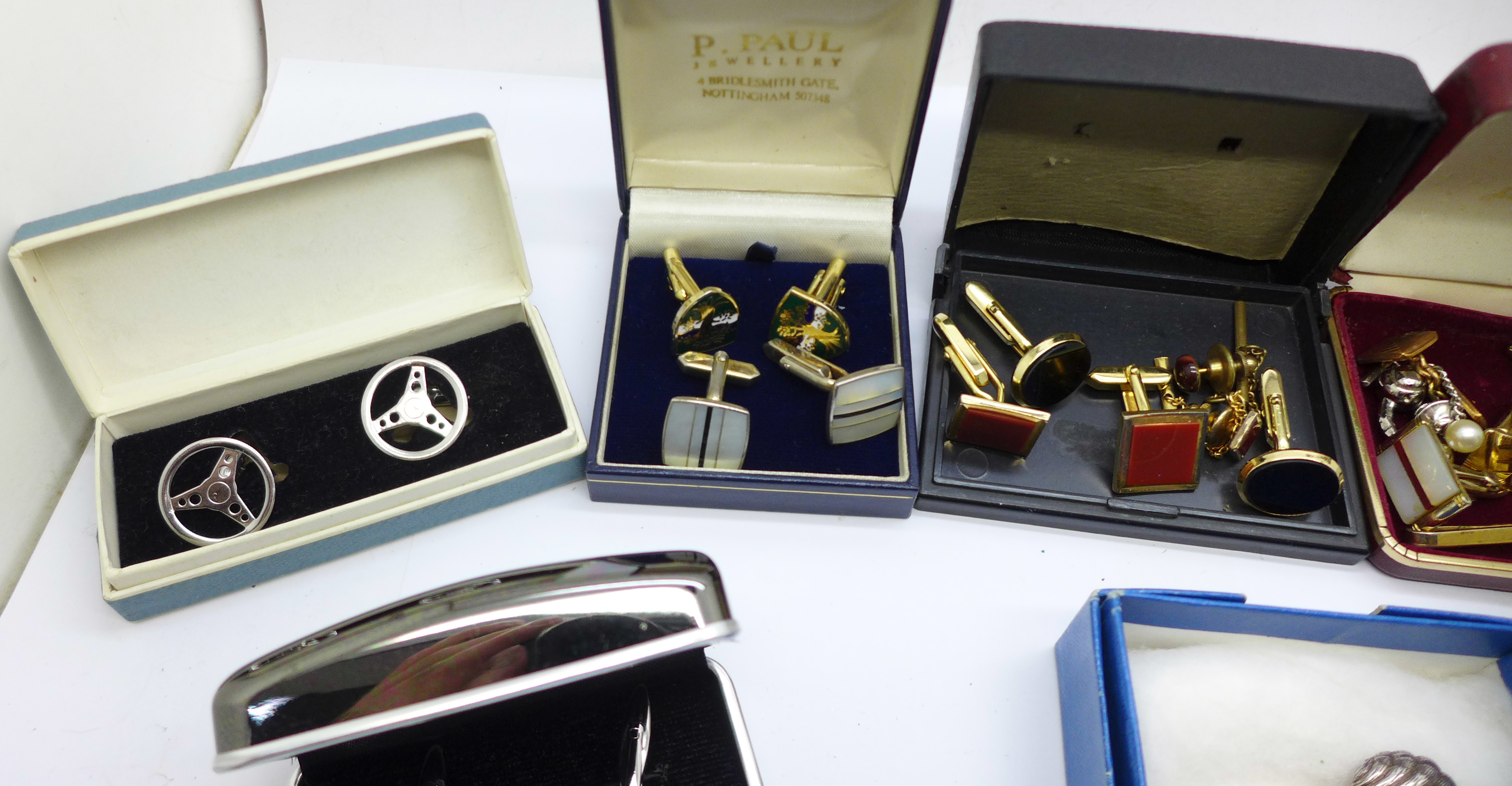 A collection of cufflinks, tie pins and a hallmarked silver napkin holder/clip - Image 3 of 10