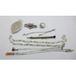 Four silver chains, three pendants, a 925 silver and synthetic opal ring, a white metal brooch, a
