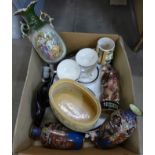 Assorted items including cloisonne vases, a/f, a Poole dolphin, figurines, a part set of Queens Blue