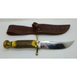 A U.S. antler handled Bowie knife, 'Hand Made in U.S.A.', also marked 'Case XX USA' the blade with