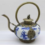 A small Chinese blue and white metal framed teapot