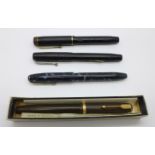 A Conway Stewart 15 fountain pen with 14ct gold nib, a Mentmore fountain pen with 14ct gold nib, a