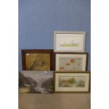 Three English School watercolours and two others