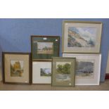 Six English School watercolours, framed