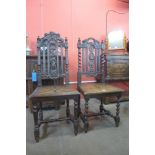 Two Victorian Jacobean Revival carved oak hall chairs