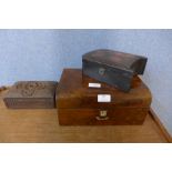 A walnut box, a carved box and a lacquered box