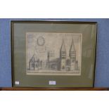 Southwell Minster engraving, framed