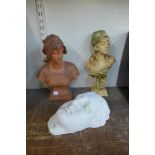 Two Art Nouveau style busts and one Roman style head