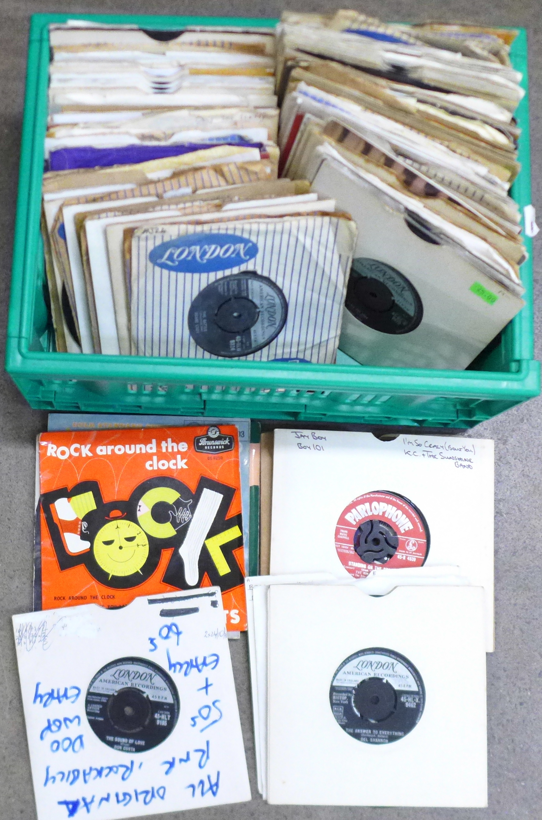 A box of 1950's and 1960's 7" vinyl singles, rockabilly, doo-wop, rock ?n? roll, etc.