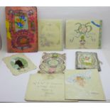 Seven greetings cards, three 19th Century and four early 20th Century