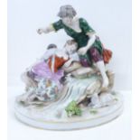 A Dresden porcelain figure group, sleeping girl, young man, dog, sheep and birds, c1890, (some a/