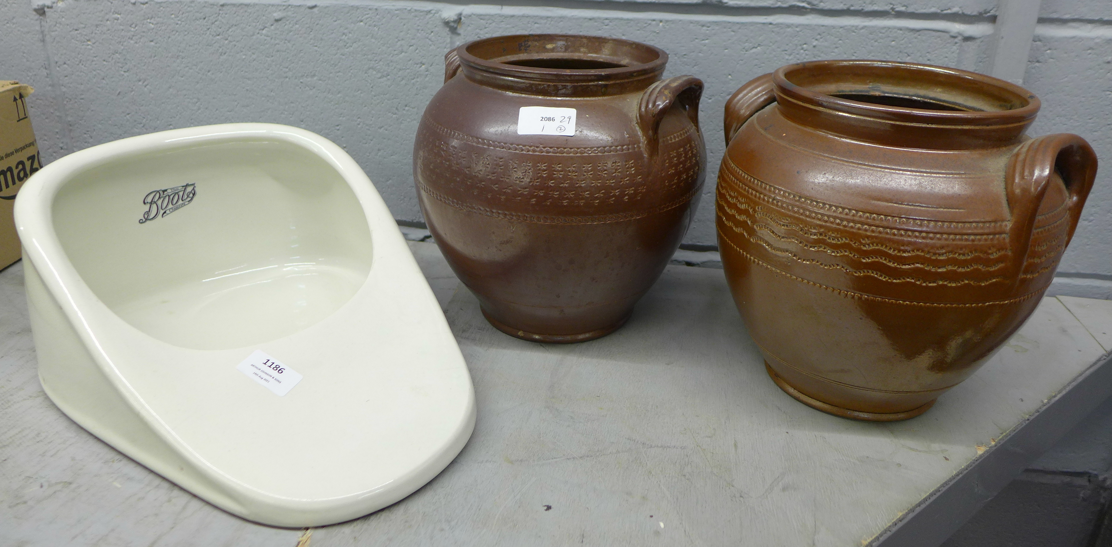 Two Victorian salt glaze crock pots and a Boots urinal **PLEASE NOTE THIS LOT IS NOT ELIGIBLE FOR