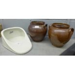 Two Victorian salt glaze crock pots and a Boots urinal **PLEASE NOTE THIS LOT IS NOT ELIGIBLE FOR