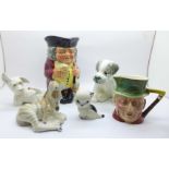 A Russian figure of a dog, a Royal Doulton Jolly Toby, etc. (6)