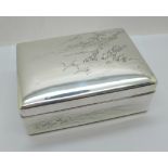 A Chinese silver box with lake scene to the lid, total weight 367g, width 14cm, wood lining a/f