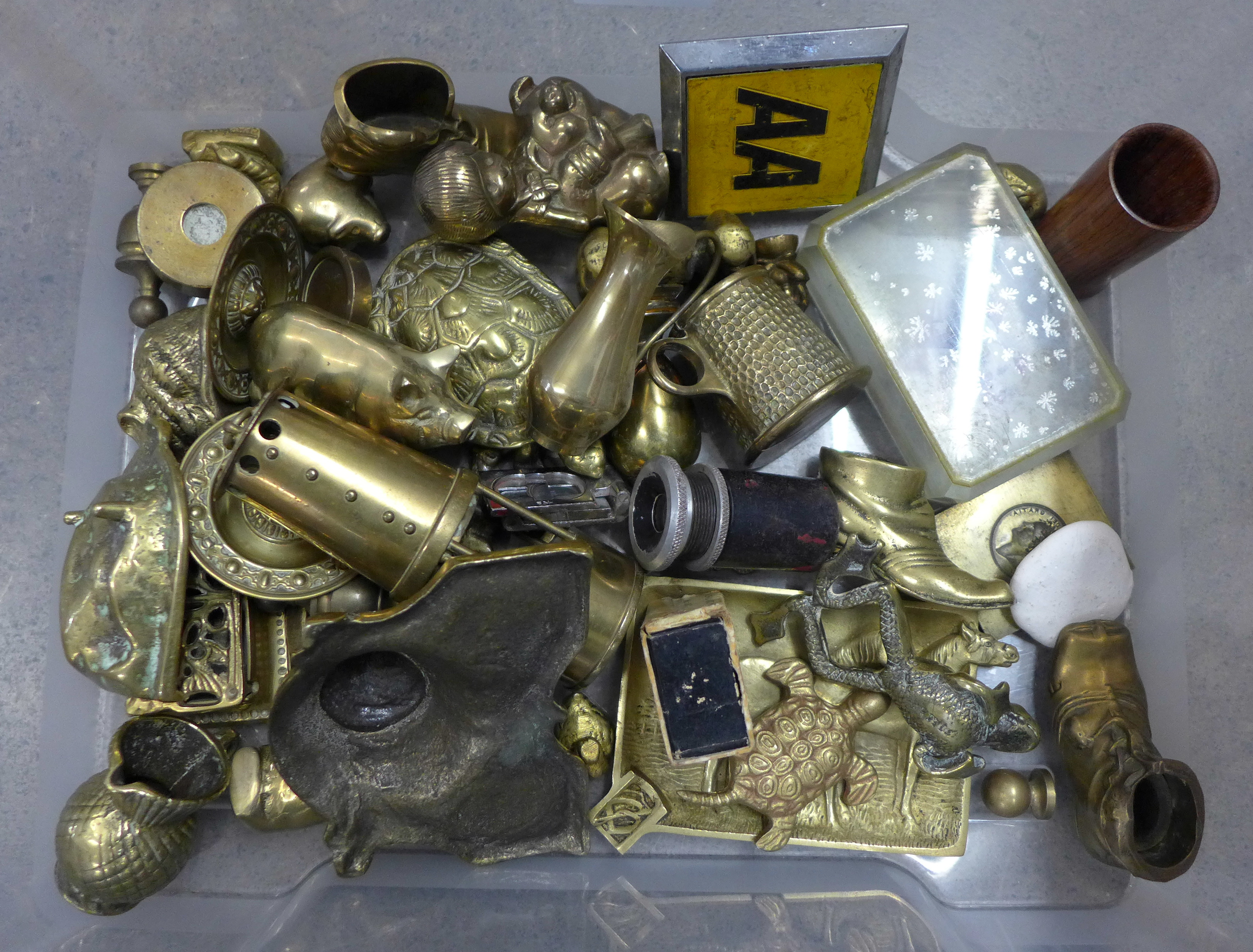 A collection of brass including miniature miners lamp, weights, AA badge, boots, dish, etc. **PLEASE