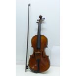 A violin, the back 335mm without button, no paper label, with bow and case