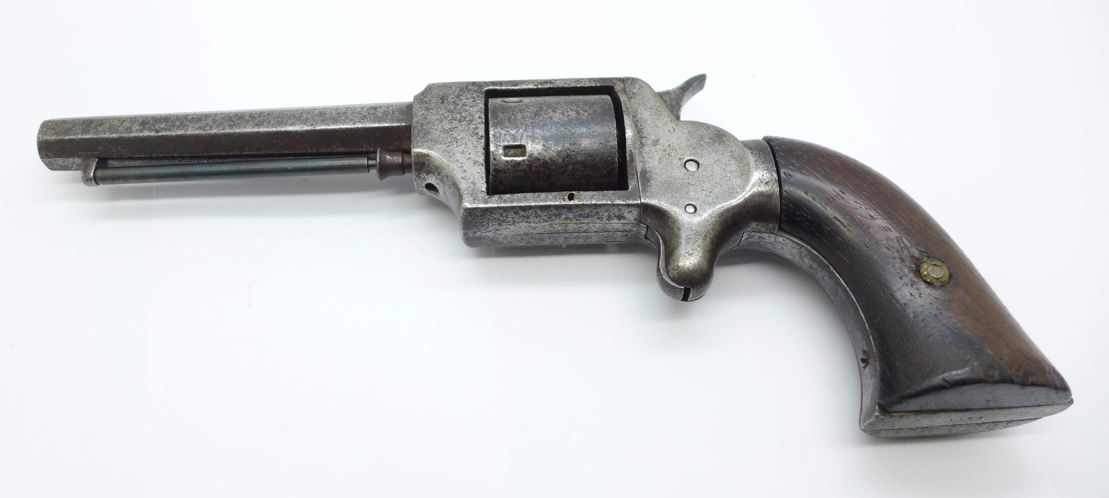 A 19th Century revolver handgun, indistinct four digit number on the bottom of the grip, ??74,