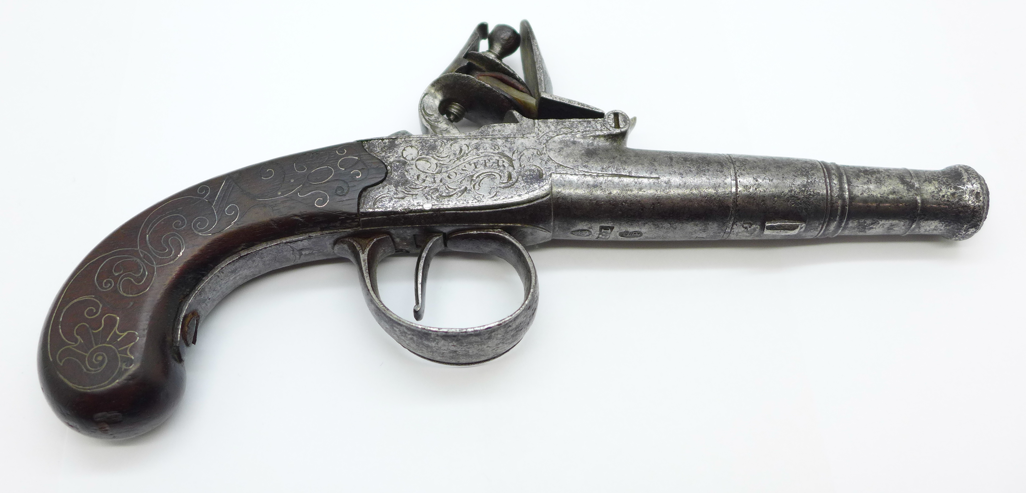 An early George III flintlock pistol, c1770, marked Jenings Gloster, with cannon turn-off barrel, - Bild 3 aus 6