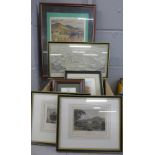 Two framed etchings, City of Lincoln and Chatsworth, a Long John Whisky advertising and other