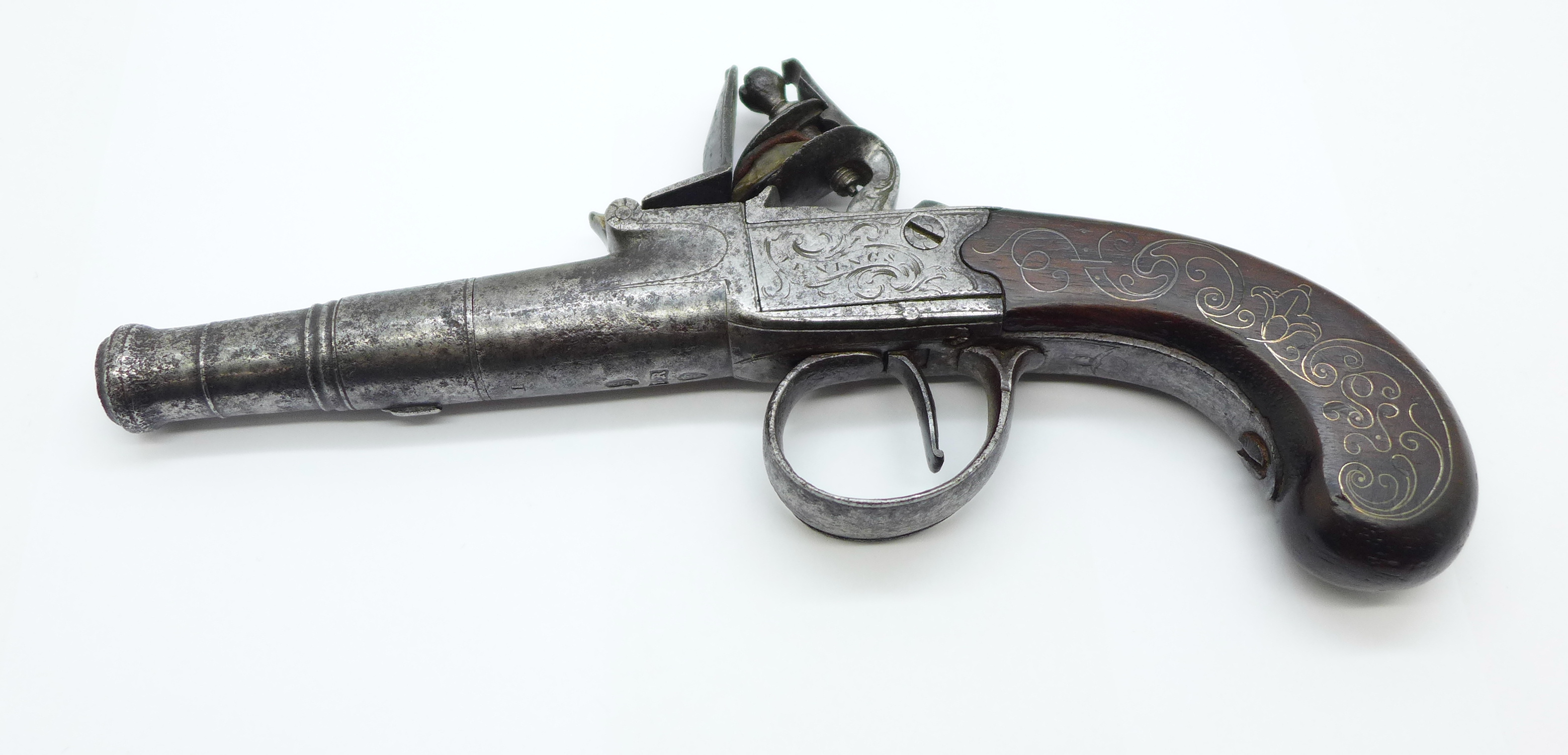 An early George III flintlock pistol, c1770, marked Jenings Gloster, with cannon turn-off barrel,