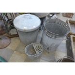 Two galvanised bins and a mop bucket