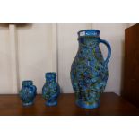 Three West German turquoise glazed porcelain vases, tallest 45cms h