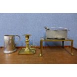 An Arts and Crafts pewter cigarette box, an Aesthetic Movement brass chamberstick, etc.