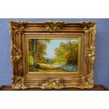 D. Edens, river landscape, oil on board, framed