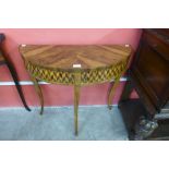 A small 19th Century Italian walnut and rosewood inlaid demi-lune console table