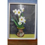 J.E. McEwen, still life of flowers, oil on board, framed