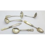 Two 19th Century silver sifters, two silver and mother of pearl servers, a 925 silver spoon and a