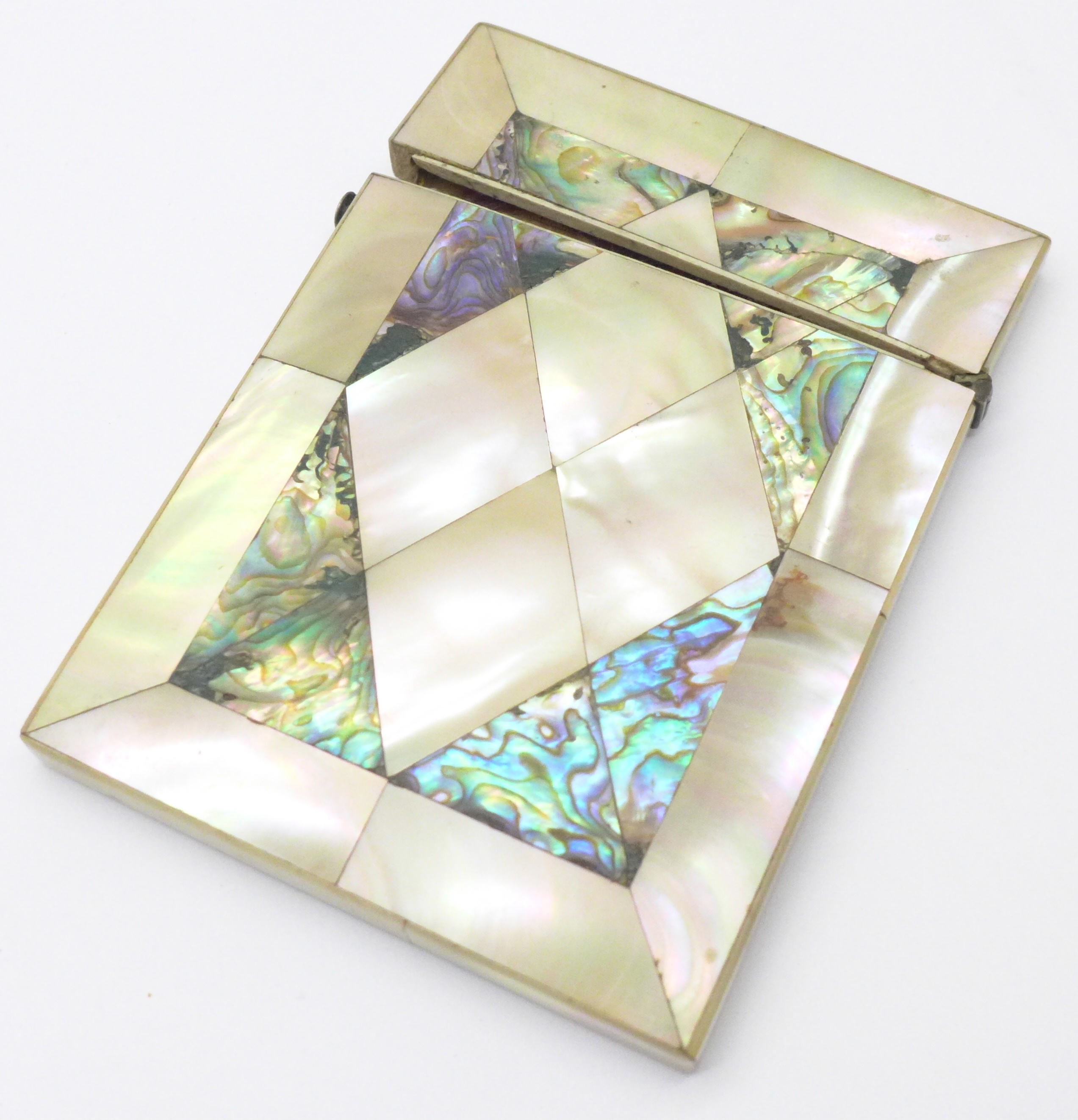 An abalone mother of pearl card case, 78mm x 101mm, (hinge strained, fastener requires repair) - Image 2 of 5