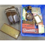 Assorted items including fishing reels, cribbage board, 1970's 'trim' phone, harmonica, etc.