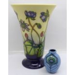 Two Moorcroft vases including a blue Peacock Parade miniature vase, 16cm and 5.5cm