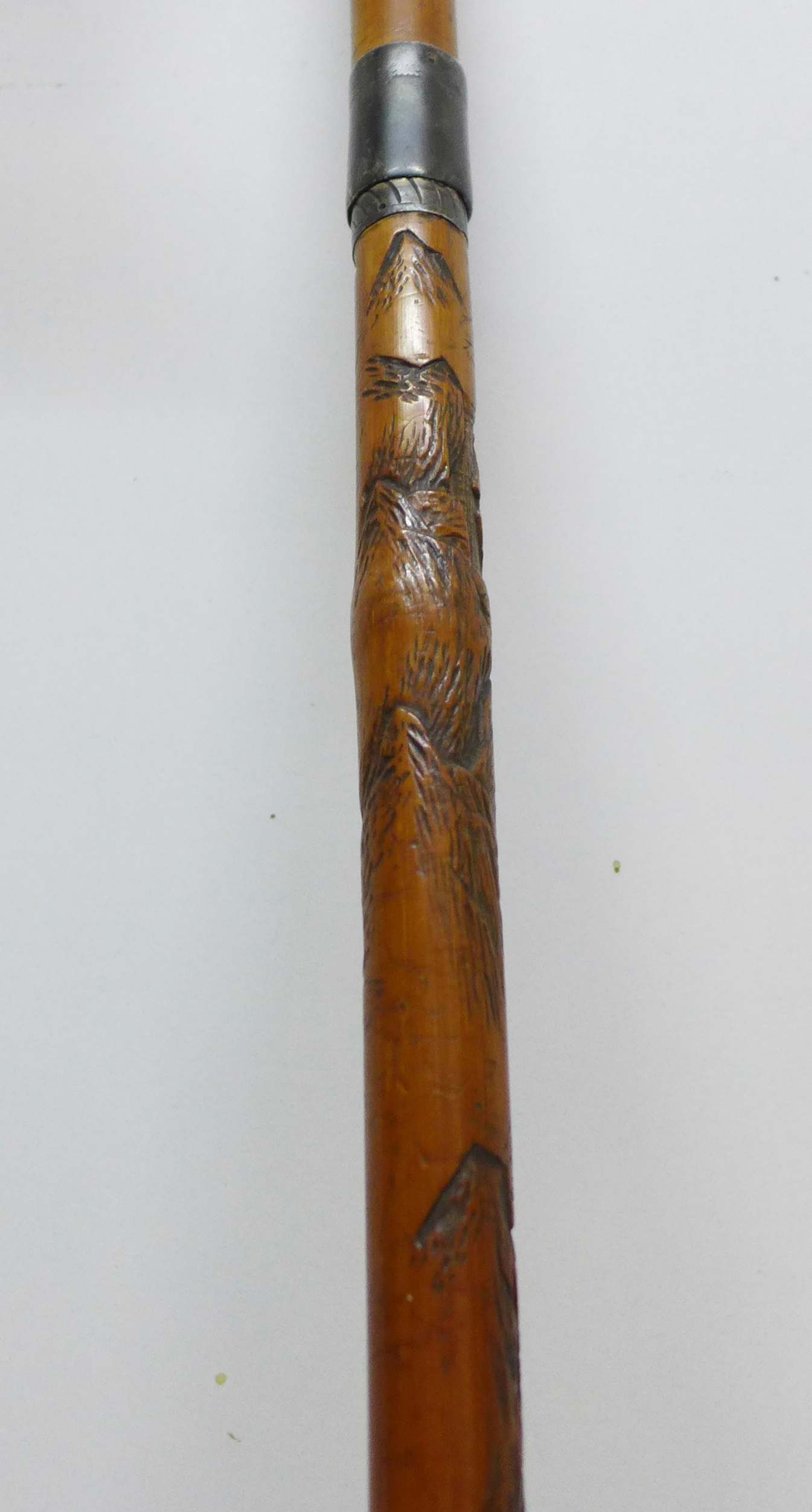 A 19th Century bamboo sword stick with oriental carved decoration and triangular blade, length 72. - Image 5 of 5