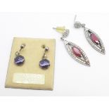 Two pairs of silver earrings, one pair set with Blue John