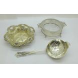 A silver butter dish with liner, a pierced silver dish and a silver sugar sifter spoon, 103.5g