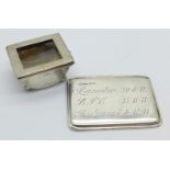 A silver stamp holder with cabochon red stone, slide to open, Birmingham 1910, with inscription