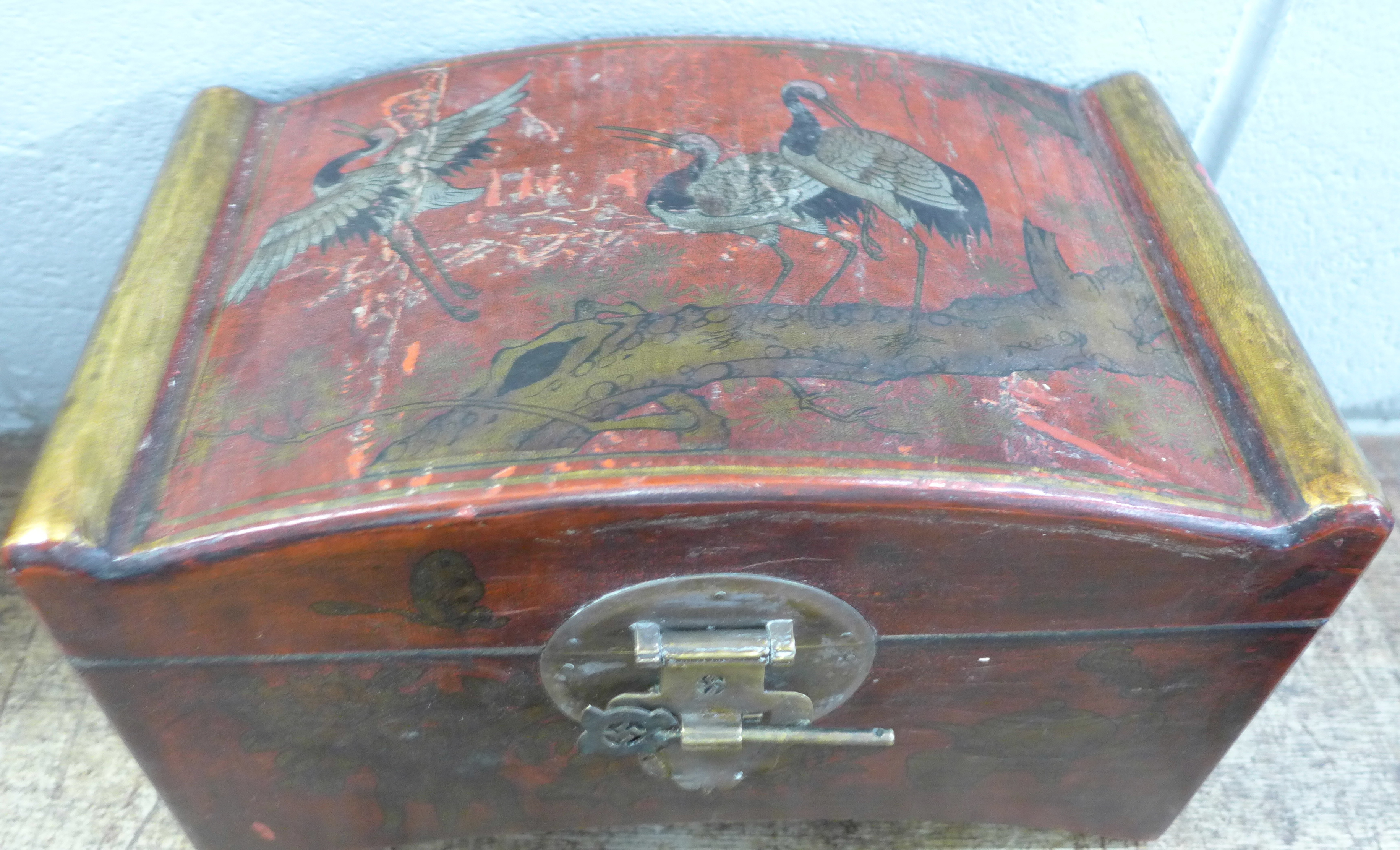 A Chinese casket, a wooden box and a carved figure of an elder - Image 3 of 4