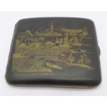 A Japanese cigarette case depicting a lake scene with Torii gate, signed