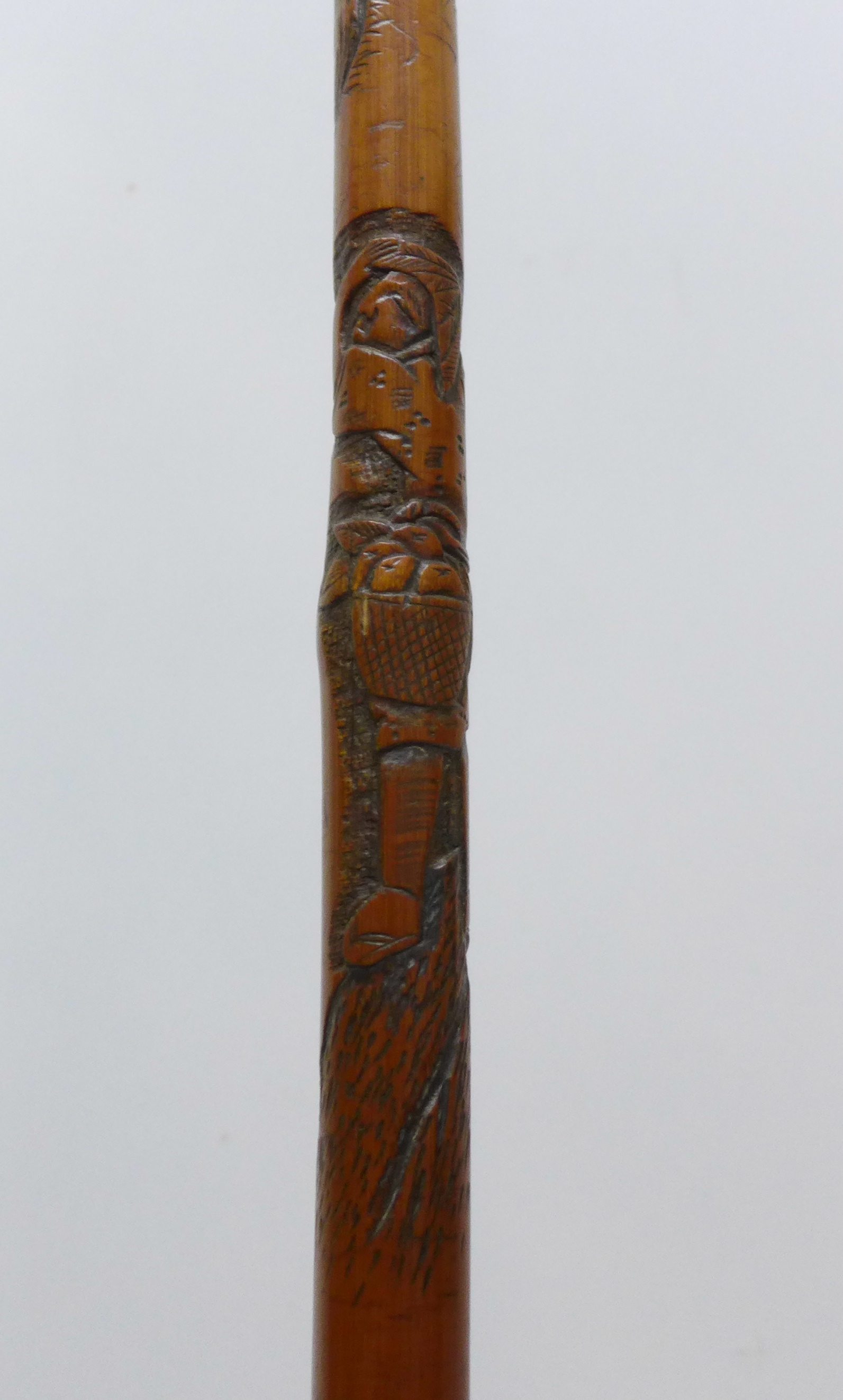 A 19th Century bamboo sword stick with oriental carved decoration and triangular blade, length 72. - Image 3 of 5