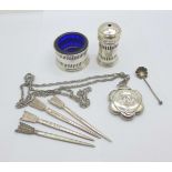 A small hallmarked silver compact, a silver salt and mustard, a silver salt spoon and four EPNS
