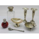 A collection of silver and silver mounted items including a Victorian shell shaped dish and salt