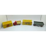 A Dinky Toys 410 Bedford End Tipper and Dinky 428 Trailer (large), boxes a/f