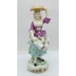 A hand painted Dresden figure, small chip to base, 15.5cm