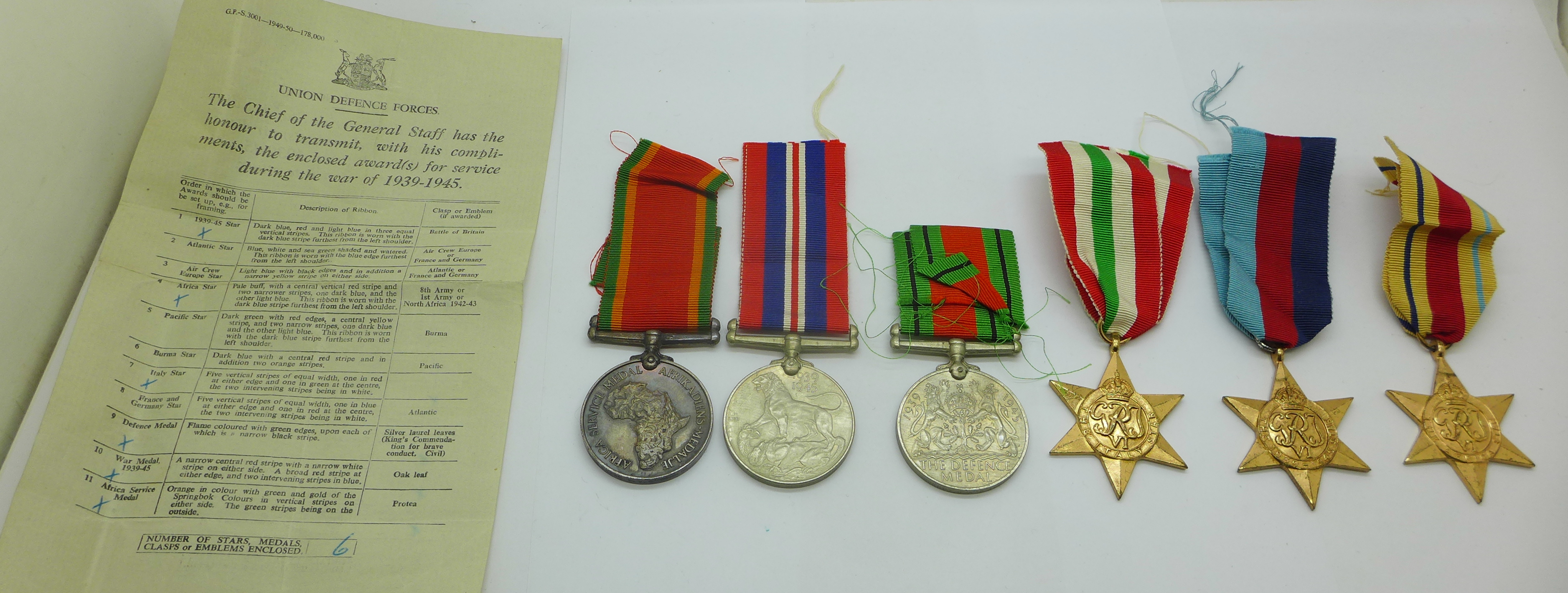 A set of six WWII medals including Africa Service Medal to 231231 D. W. O'Connor with original