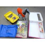 Sindy doll items including a horse, car, inflatable tent, pink case and a Barbie Ten Speeder bicycle